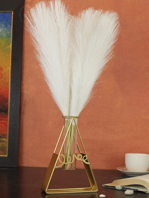 Pampas Grass (3 Pcs, White) with Metal Vase for Home Decoration