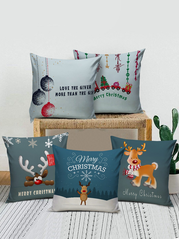 Set of 5 Christmas Printed Square Cushion Covers
