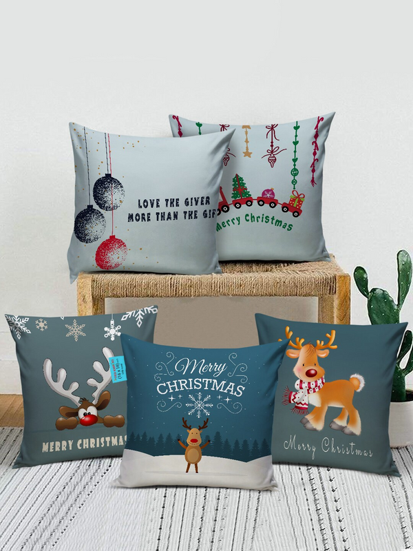 Blue & Grey Set of 5 Graphic christmas Printed Square Cushion Covers