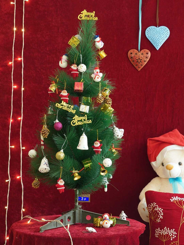 Green Christmas Decor Artificial Pine Tree 3ft with 54 Ornaments