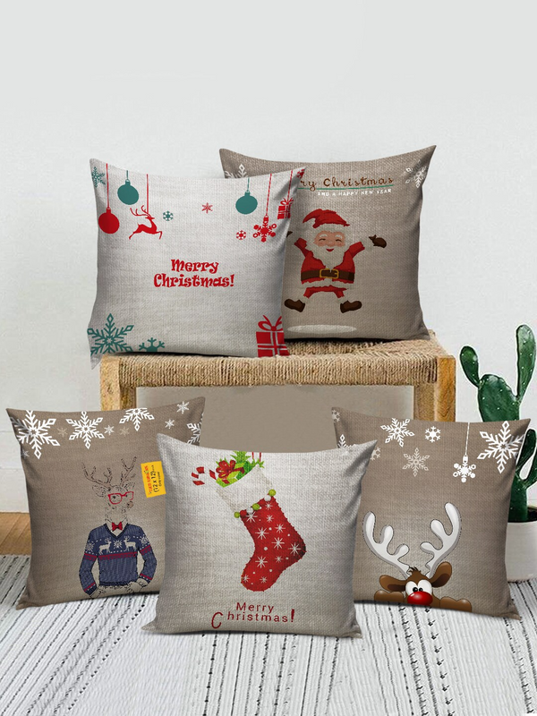 Grey & Red Set of 5 Christmas Printed Satin Square Cushion Covers