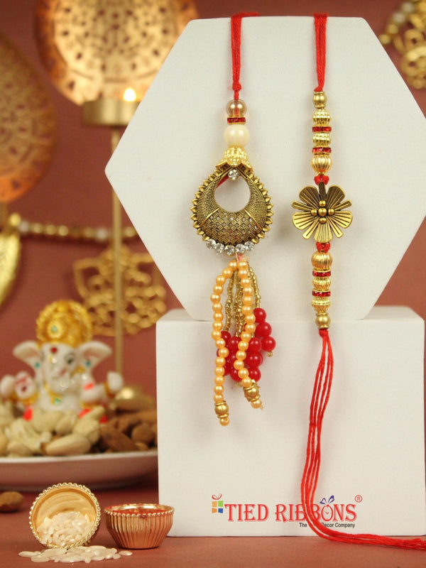 Premium Pearl Lumba Rakhi Set of 2 for Bhai Bhabhi with Greeting Card and Tikka - Bracelet Rakhi for Brother and Bhabhi