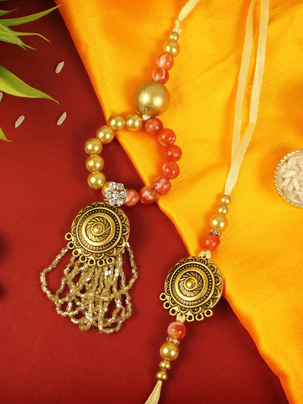 Rakhi for Brother and Bhabhi - Pearl Lumba Rakhi Set of 2 for Bhaiya Bhabhi with Tikka and Greeting Card Combo - Bracelet Rakhi for Brother and Bhabhi