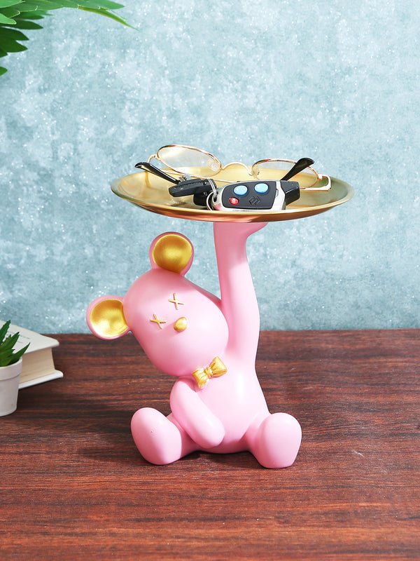 Pink & Beige Bear Showpiece With Tray