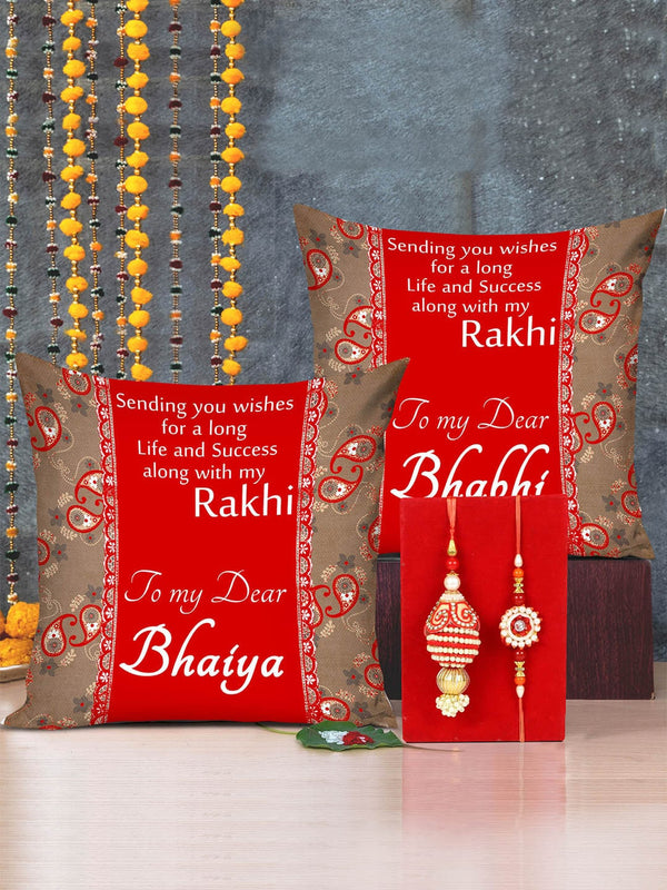 Red & Gold-Toned Stone-Studded Rakhi Gift Set