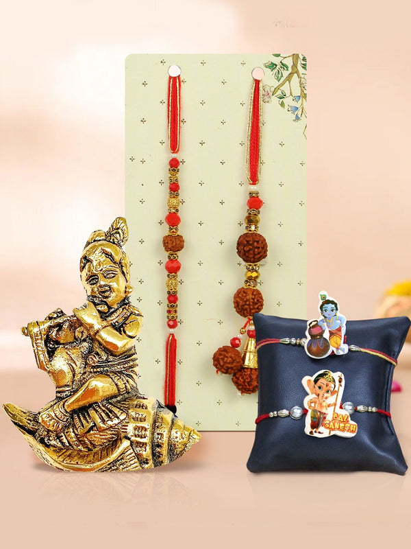 Set of 4 Rakhi for Brother Bhabhi & Kids with Statue Combo Gift Set