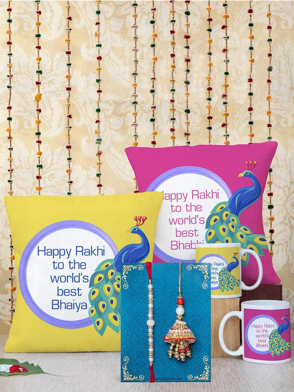 Muticoloured 5 Pcs Bhaiya Bhabhi Rakhi with Cushion Mug Combo Gift Pack