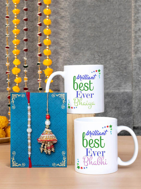 Unisex Red & White Bhaiya Bhabhi Rakhi Set with Printed Coffee Mug Gift Pack