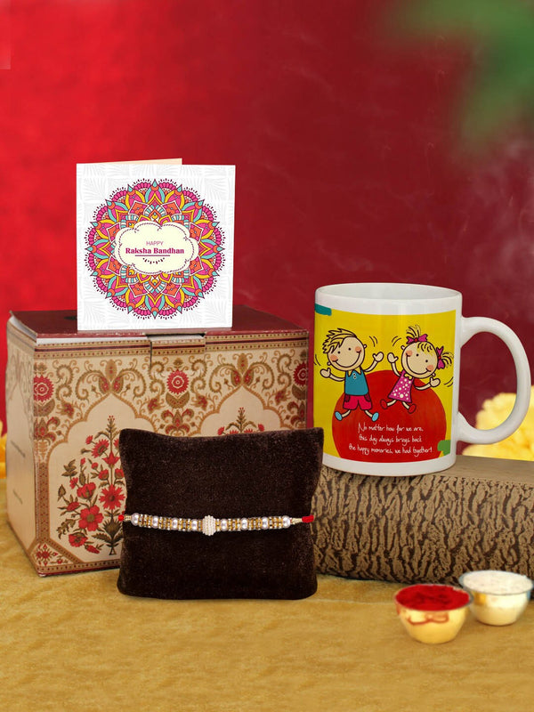 Red Rakhi with Coffee Mug & Greeting Card Combo Gift Set