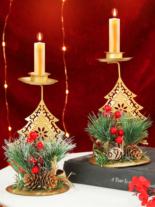 Set of 2 Christmas Table Centerpieces Christmas Tree Candle Holder with Red Berries