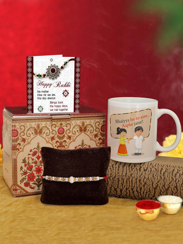 White & Golden Rakhi with Coffee Mug