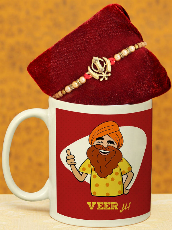 Punjabi Rakhi with Printed Mug & Greeting Card Combo Gift