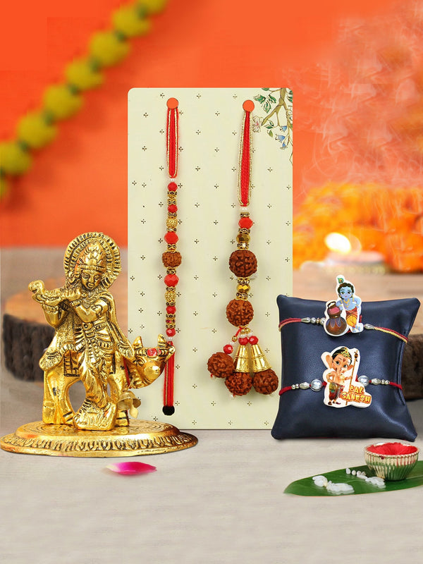 Set of 4 Family Rakhi for Bhaiya Bhabhi Kids with Krishna Statue