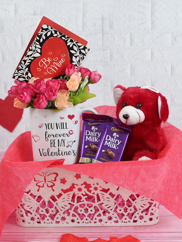 Teddy Card Printed Mug Artificial Flowers Basket and Dairy Milk Chocolates Combo