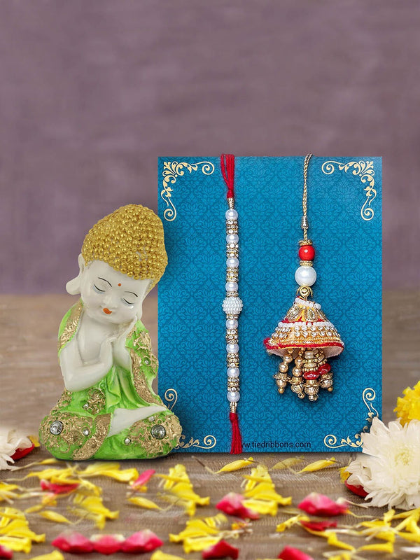 Multicolored Handcrafted Bhaiya Bhabhi Lumba Rakhi & Buddha Idol Gift Pack