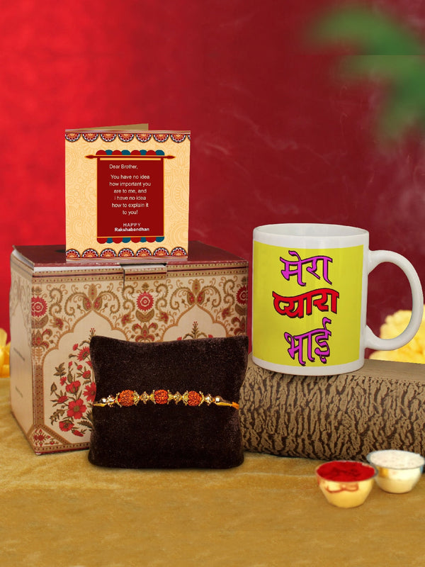 Yellow & Red Rakhi and Printed Coffee Mug Gift Set