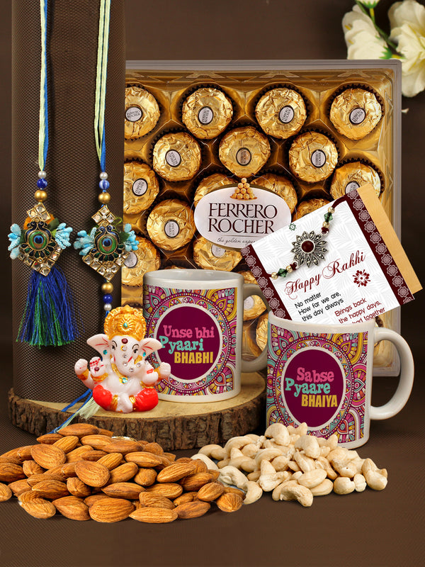 Premium Lumba Rakhi Set with Chocolates, Pack of 2 Coffee Mugs, Dry Fruits Almonds Cashew and Mini Ganesh Idol with Roli Tika