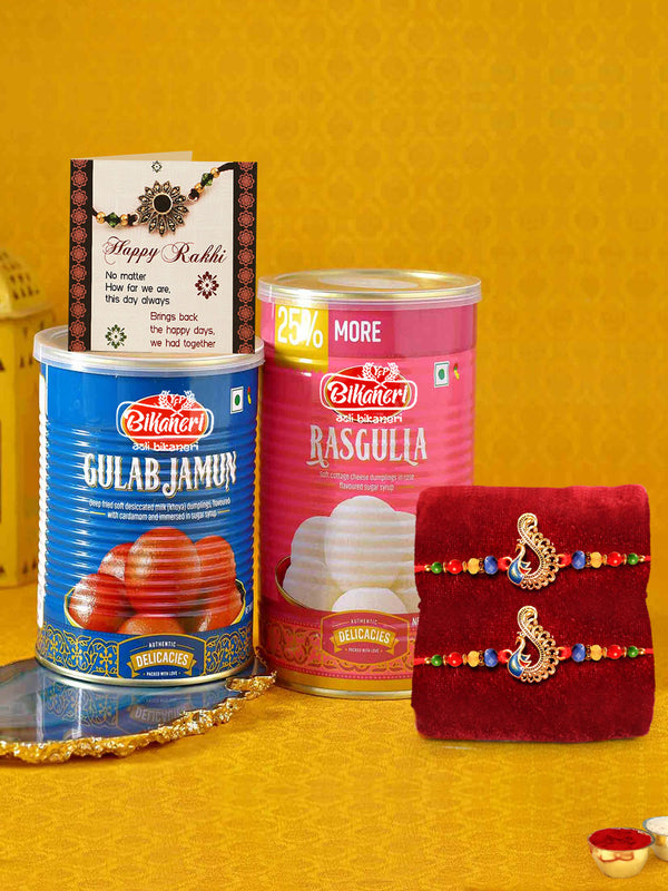 Rakhi for Brother with Sweets - Set of 2 Designer Rakhi with Rasgulla and Gulab Jamun Gift Pack, Roli Chawal