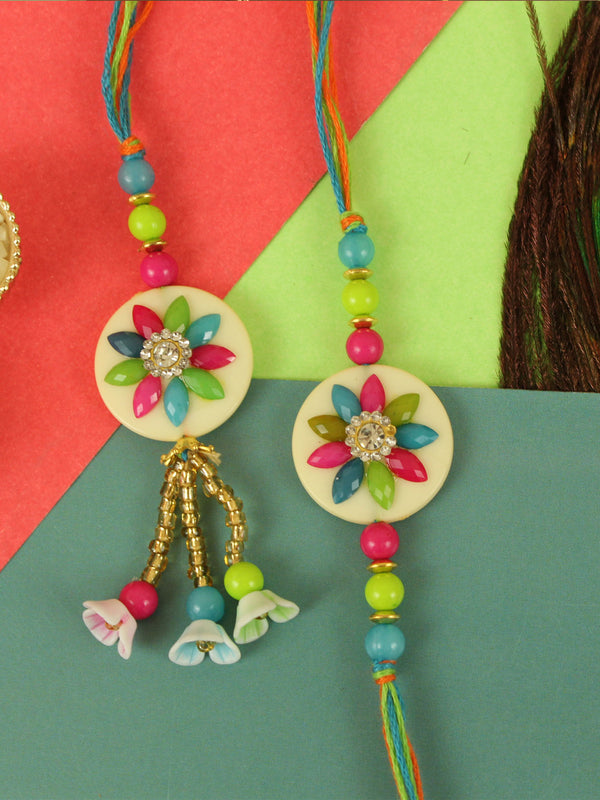 Rakhi for Brother and Bhabhi - Designer Lumba Rakhis  for Bhaiya Bhabhi with Greeting Card and Tikka - Bracelet Rakhi