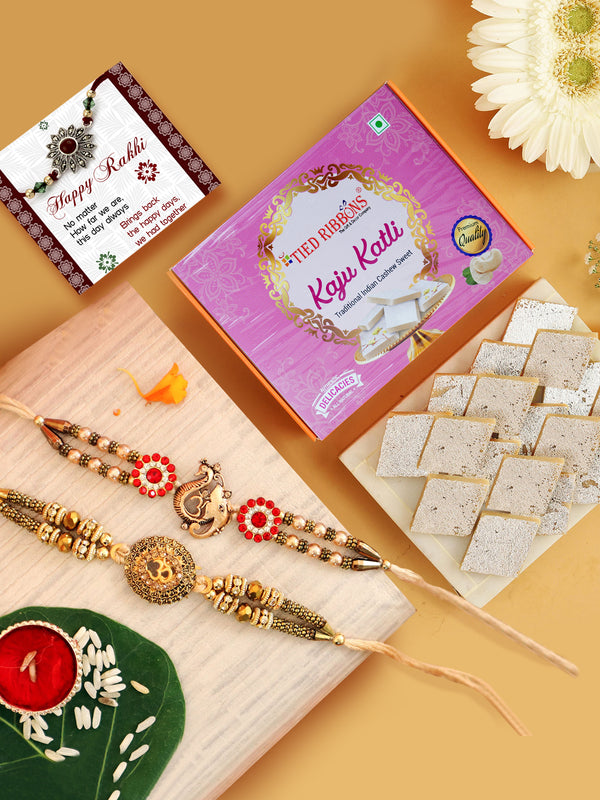 Rakhi Gift for Brother with Sweets - Set of 2 Premium Rakhi with Kaju Katli Gift Pack Mini Greeting Card and Roli Chawal - Rakhi for Brother