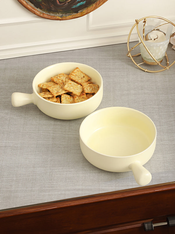 2 Pieces Ivory White Ceramic Matte Bowls With Handle- 750ml