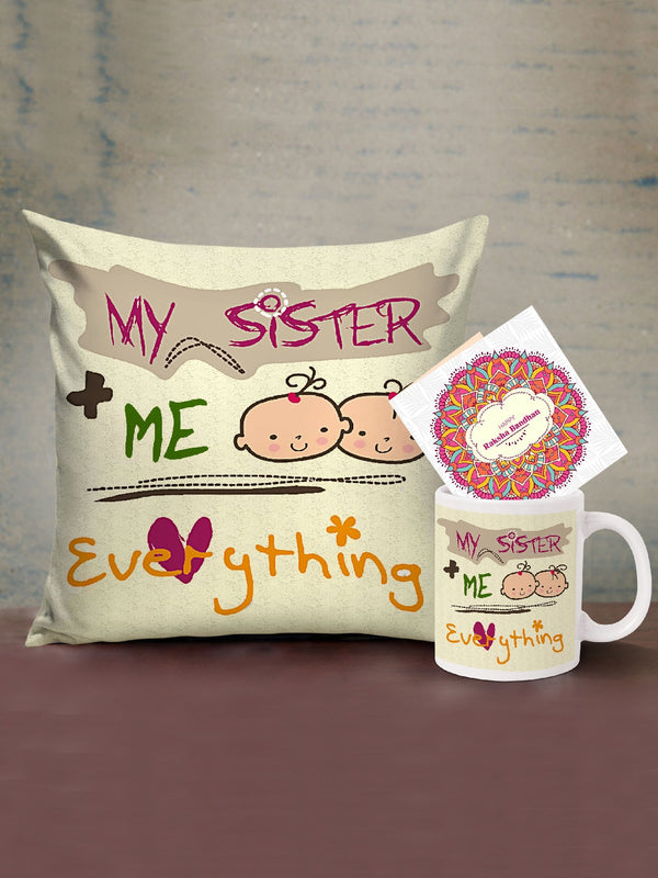 Printed Cushion Yellow & Red  With Coffee Mug Rakhi Set