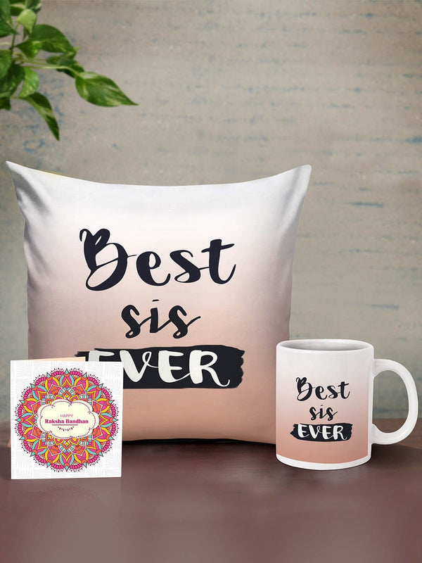Muliticolored Cushion with Mug & Card Rakhi Return Gift Set for Sister