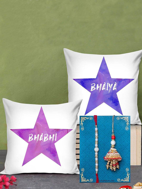 Bhaiya Bhabhi Lumba Rakhi & Printed Cushion Combo Gift Set