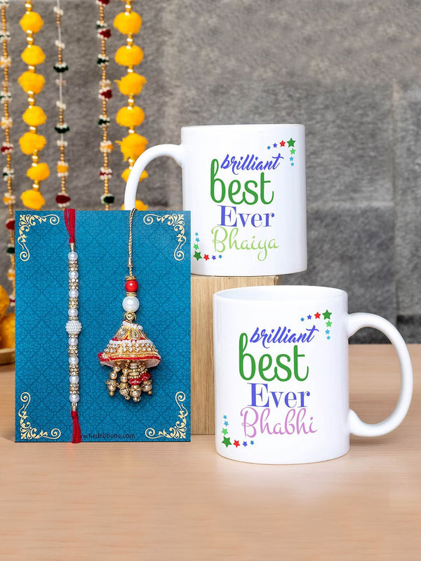Multicoloured Bhaiya Bhabhi Lumba Rakhi & Printed Coffee Mug Gift Pack