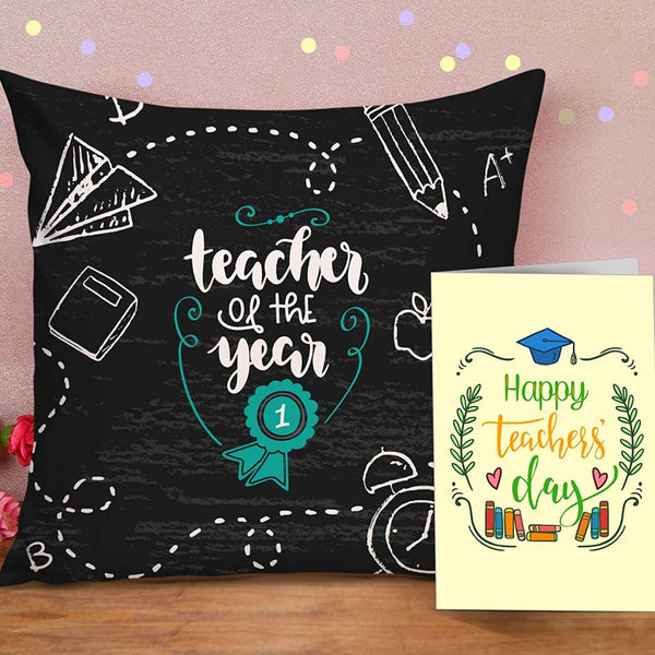 Teacher Of The Year Colorful Printed Cushion With Greeting Card