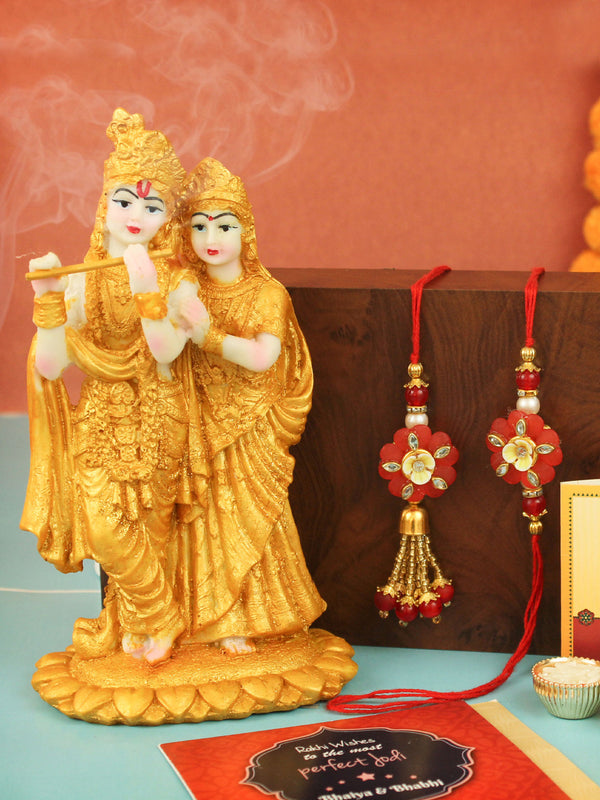 Rakhi for Brother and Bhabhi Gift Set Bhai Bhabhi Rakhi Set with Idol Statue and Rakhi Card, Roli Chawal Tika