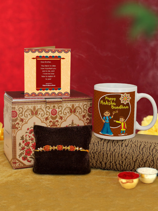 Men Gold-toned & Red Rudraksha Rakhi with Printed Coffee Mug