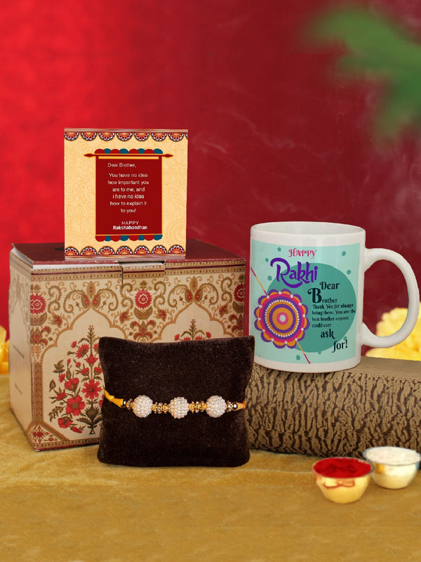 White Artificial Pearl Rakhi With Printed Coffee Mug