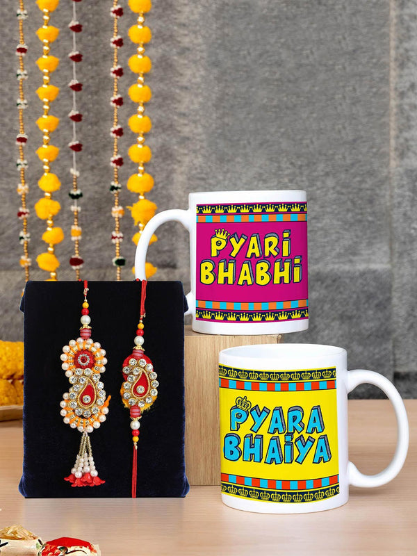 Muticoloured 3 Pcs Bhaiya Bhabhi Rakhi Set with Printed Coffee Mug Gift Pack