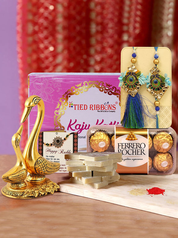 Premium Lumba Rakhi Set with Chocolates, Kaju Katli and Brass Swan Showpiece