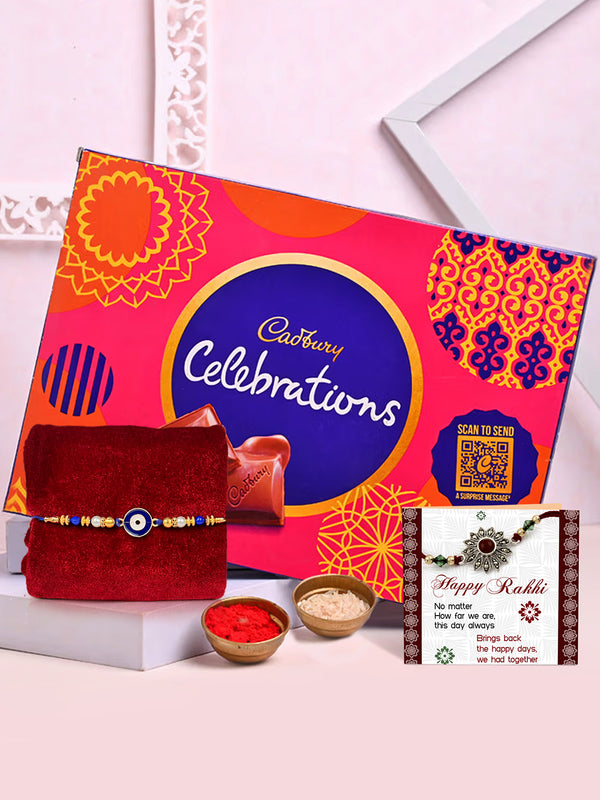 Premium Rakhi with Chocolates Pack Mini Greeting Card and Roli Chawal - Rakhi for Brother with Gift Set