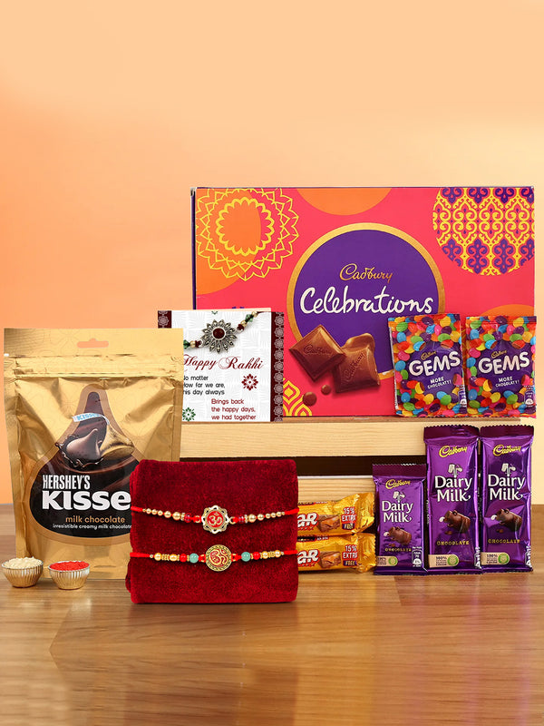 Set of 2 Premium Rakhi with Chocolates, Mini Greeting Card and Roli Chawal - Rakhi for Brother