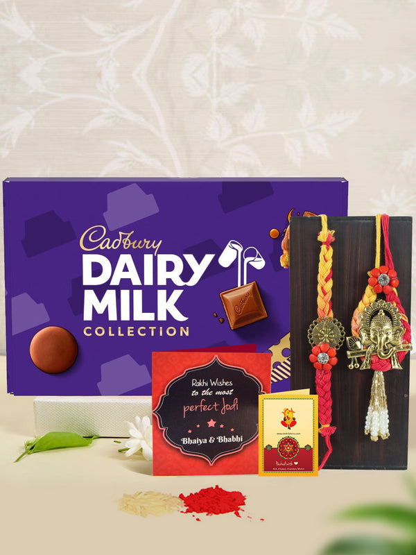 Antique Pearl Bhaiya Bhabhi Rakhi With Cadbury Dairy Milk Deluxe Chocolate Hamper