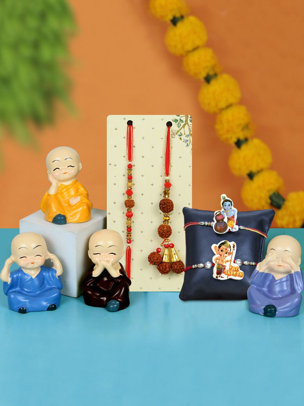 Kids Set of 4 Bhaiya Bhabhi & Kids Rakhi with 4 Buddha Monk Idol