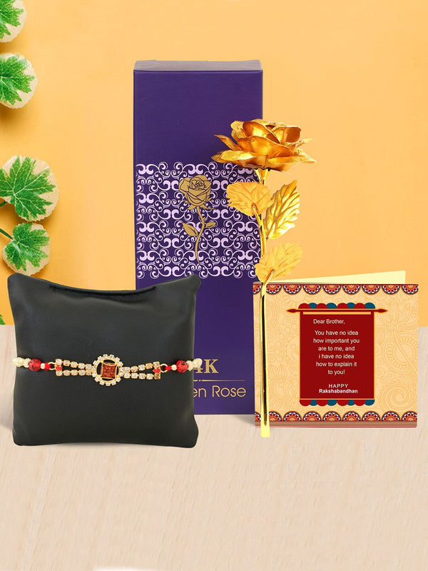 Multicoloured Rakhi with Golden Rose & Mini Card Combo Set
