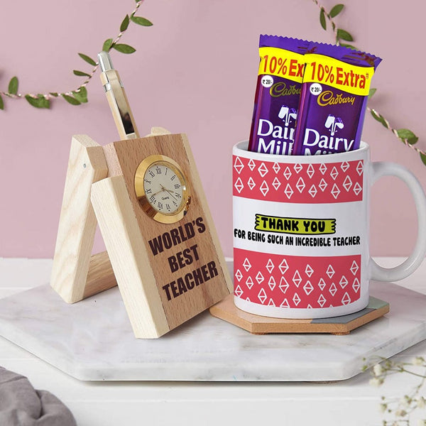 Thank You Incredible Quote Teachers Day Ceramic Mug With Penstand Clock And Dairy Milk Chocolates Gift Set