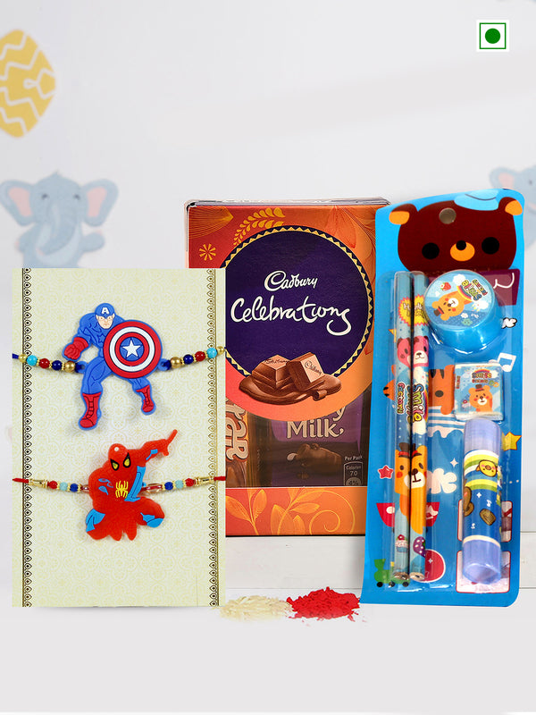 Assorted Rakhi with Stationary Kit Combo