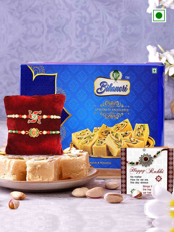 Premium Rakhi for Bhaiya with Soan Papdi Card and Tikka - Bracelet Rakhi