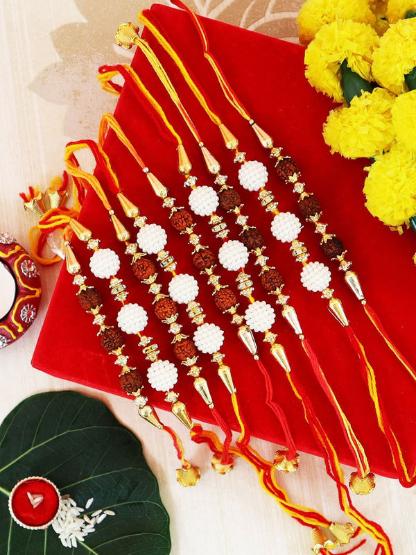 Set of 9 Red & Yellow Pearls Rudraksha Rakhi