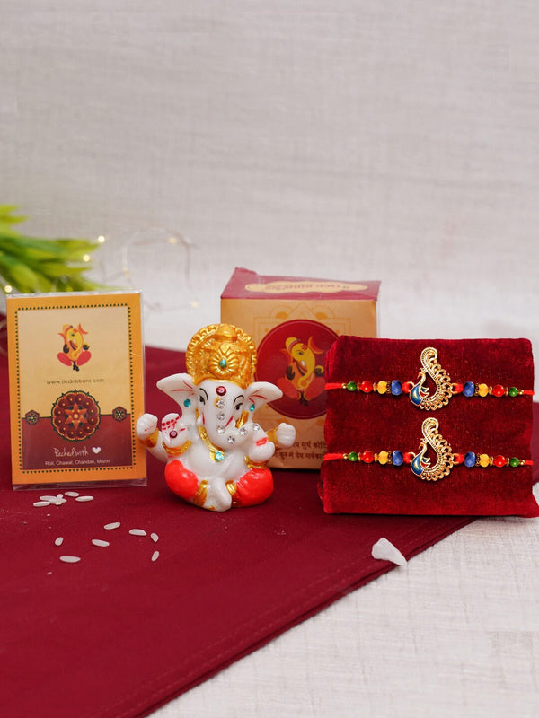 Set of 2 Designer Rakhi for Brother with Mini Ganesha Idol