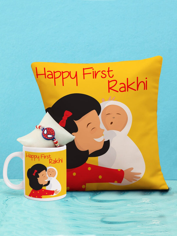 Kids Red Spiderman Rakhi Gift Pack with Printed Cushion & Mug