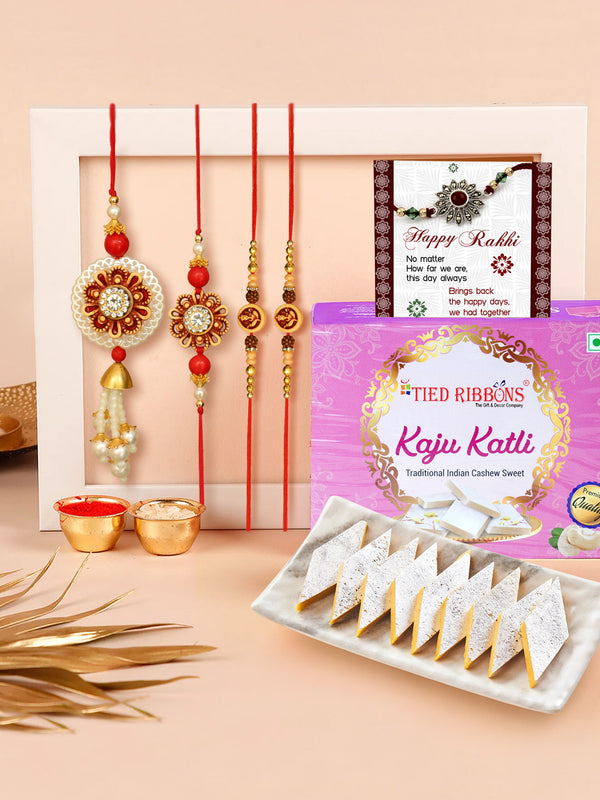 Rakhi for Brother and Bhabhi and Kid with Sweets Gift - Designer Lumba Rakhi Set for Bhaiya Bhabhi and Two Kids with Kaju Katli Combo Pack