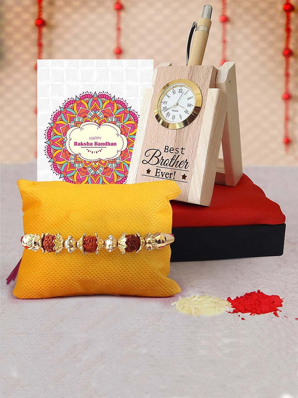 Rakhi for Brother with Wooden Penstand with Clock & Card Combo