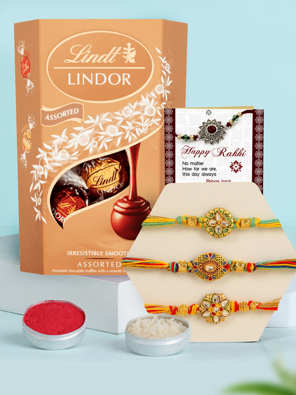 Set of 3 Florid Kundan Rakhi With Lindt Lindor Chocolate Truffles Box
