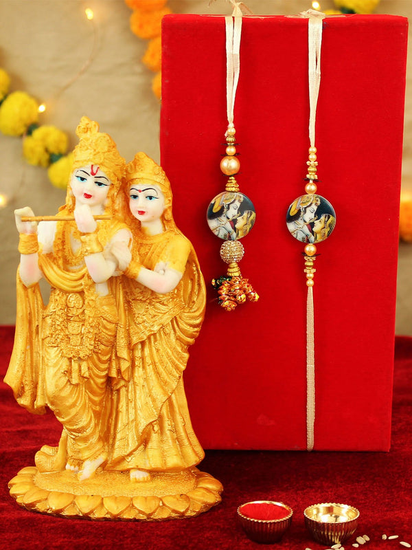 Multicoloured Bhaiya Bhabhi Lumba Rakhi with Radha Krishna Idol Gift Pack